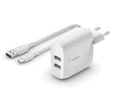 Belkin BOOST CHARGE Duálna 24W USB-A nástenná nabíjačka + 1m USB-C kábel, biela