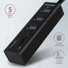 AXAGON HMA-CR3A, USB 3.2 Gen 1 húb, porty 3x USB-A + čítačka kariet SD/microSD, kovový, kábel USB-A 20cm