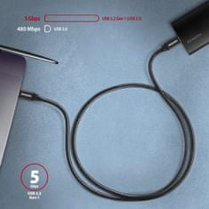 AXAGON BUCM3-CM10AB, SPEED kábel USB-C <-> USB-C, 1m, USB 3.2 Gen 1, PD 60W 3A, ALU, oplet, čierny