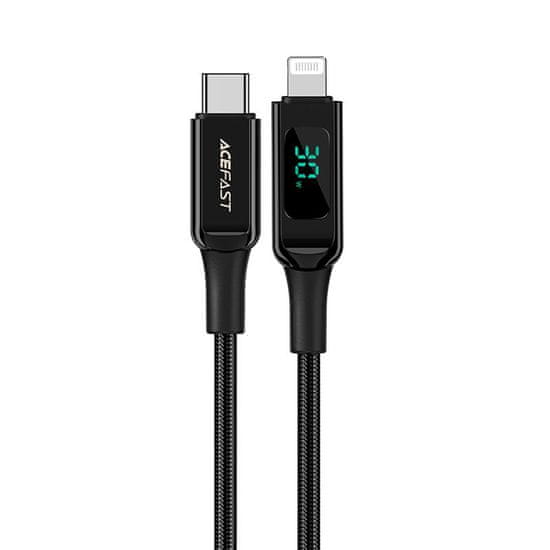 shumee Pletený kábel s LED obrazovkou pre iPhone MFI USB-C - Lightning 1,2m 30W 3A čierny