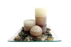 Darčekový set 3 sviečky s vôňou vanilky na sklenenom podnose s kameňmi.