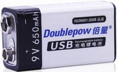 HADEX Nabíjacia batéria Li-ion 9V 650mAh 6F22, Doublepow, napájanie USB